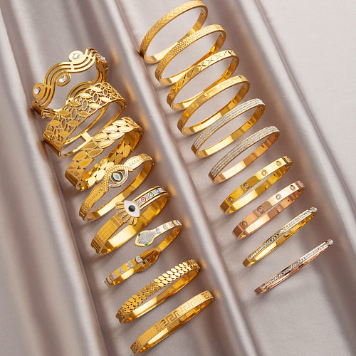 Schlichter Stil, klassischer Stil, runder Schlangen-Armreif mit Titan-Stahlbeschichtung, Inlay-Zirkon, 18 Karat vergoldet