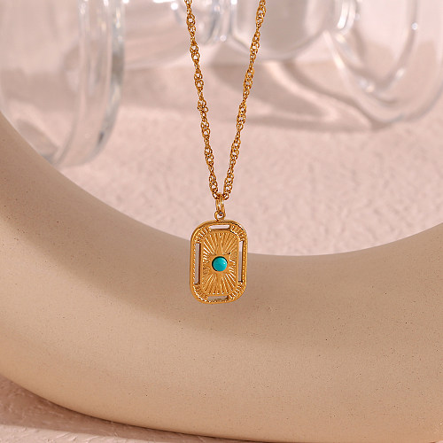 Vintage Style Square Stainless Steel  Plating Inlay Natural Stone 18K Gold Plated Pendant Necklace