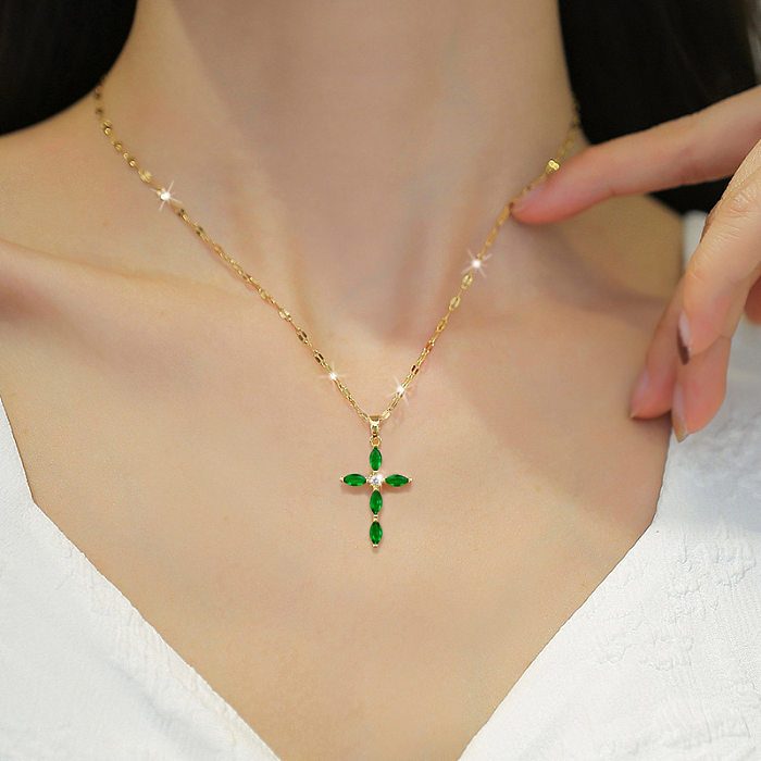 Basic Classic Style Cross Stainless Steel  Copper Inlay Zircon Pendant Necklace
