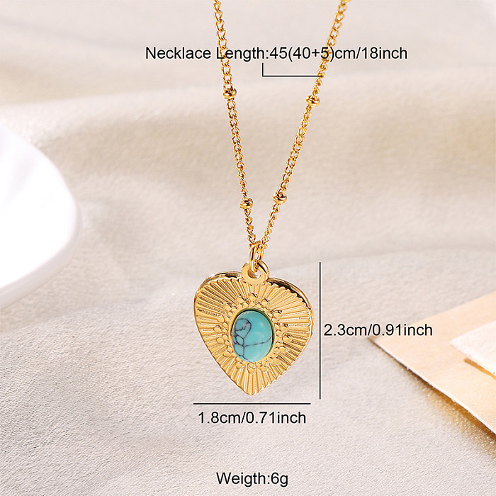 Casual elegante formato de coração flor concha revestimento de aço inoxidável incrustação turquesa 18K colar com pingente banhado a ouro