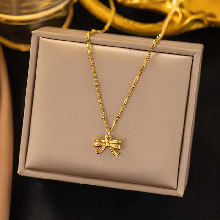 Süße Schleifenknoten-Anhänger-Halskette aus Edelstahl mit 18-Karat-Vergoldung