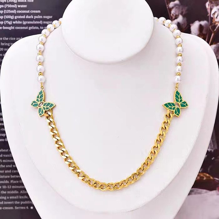Elegant Butterfly Stainless Steel Pearl Plating Inlay Artificial Diamond Necklace