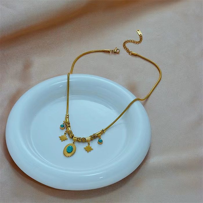 Vintage Style Commute Star Oval Stainless Steel Plating Inlay Turquoise 18K Gold Plated Pendant Necklace