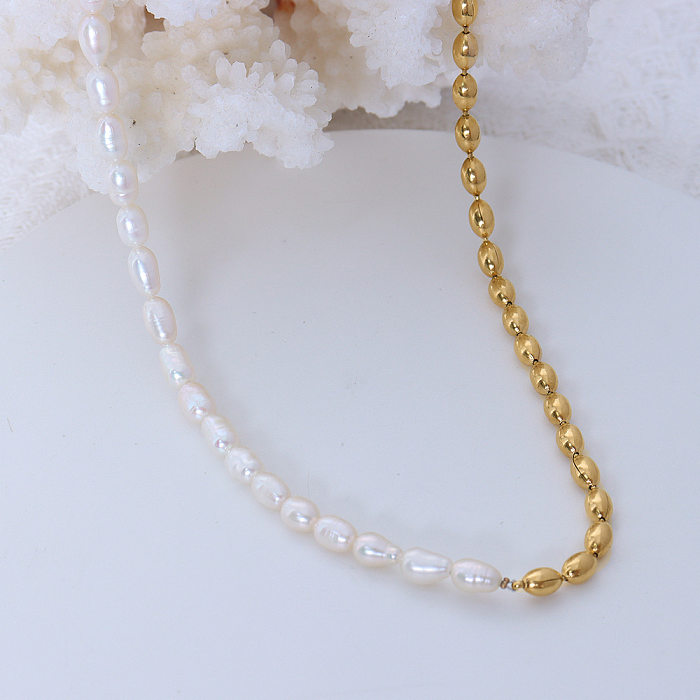 Retro Simple Stainless Steel Freshwater Pearl Stitching Steel Ball Necklace Jewelry