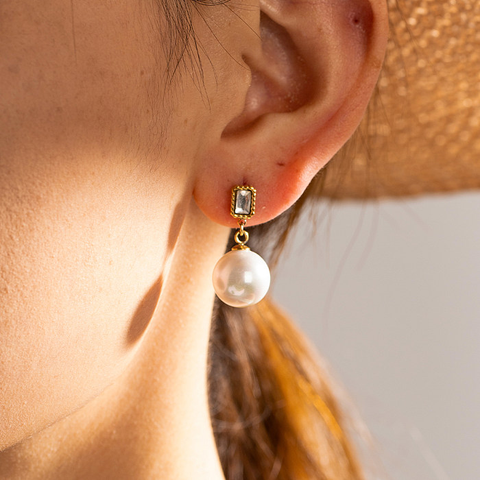 1 paire de boucles d'oreilles en acier inoxydable et Zircon, Style IG, incrustation de perles pour dame