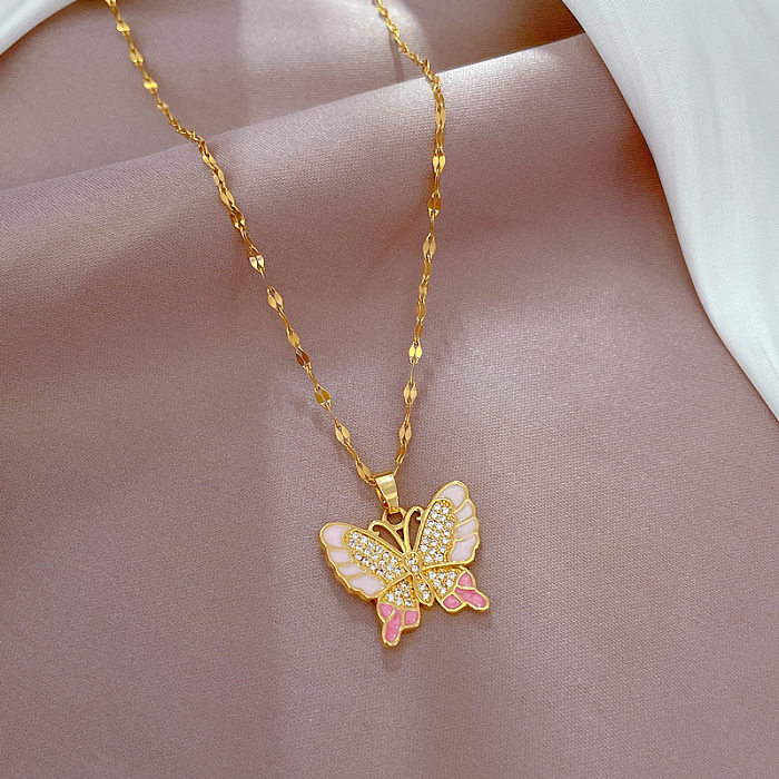 Fashion Butterfly Stainless Steel Copper Inlay Artificial Diamond Pendant Necklace