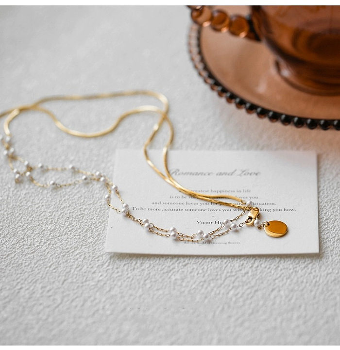 Colliers superposés de perles d'imitation en acier inoxydable géométriques de base élégants