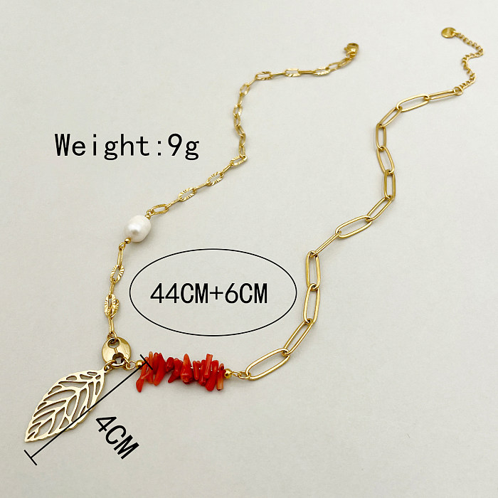 Casual Vacation Beach Leaves Stainless Steel  Artificial Pearl Natural Stone Polishing Plating Hollow Out Gold Plated Pendant Necklace
