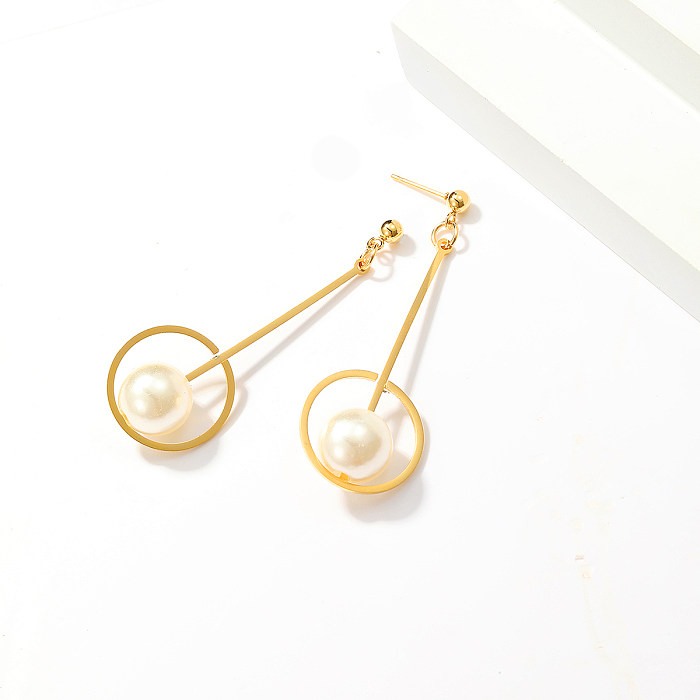 1 Pair Fashion Round Ball Stainless Steel  Pearl Plating Drop Earrings