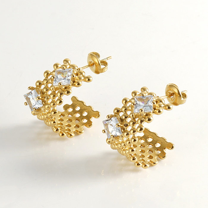 Brincos femininos geométricos de aço inoxidável banhados a ouro com strass 1 par