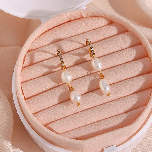 1 Pair Elegant C Shape Stainless Steel  Freshwater Pearl Plating Inlay Artificial Diamond 18K Gold Plated Drop Earrings