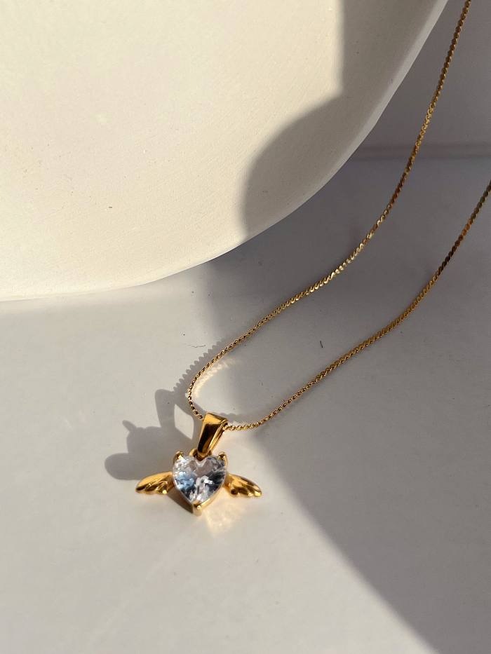 Wholesale Simple Style Heart Shape Stainless Steel Zircon Pendant Necklace