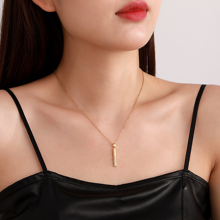 Elegant Korean Style Solid Color Stainless Steel  Plating Inlay Zircon 18K Gold Plated Pendant Necklace