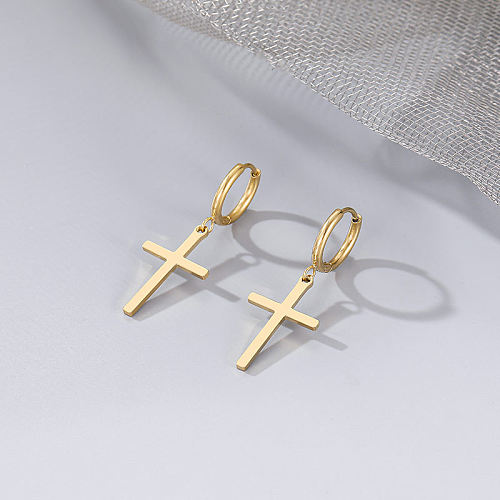 1 paire de boucles d'oreilles pendantes plaquées en acier inoxydable avec croix hip-hop