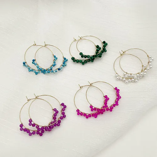 1 Pair IG Style Hawaiian Sweet Round Plating Frill Stainless Steel  Natural Stone Crystal 14K Gold Plated Earrings