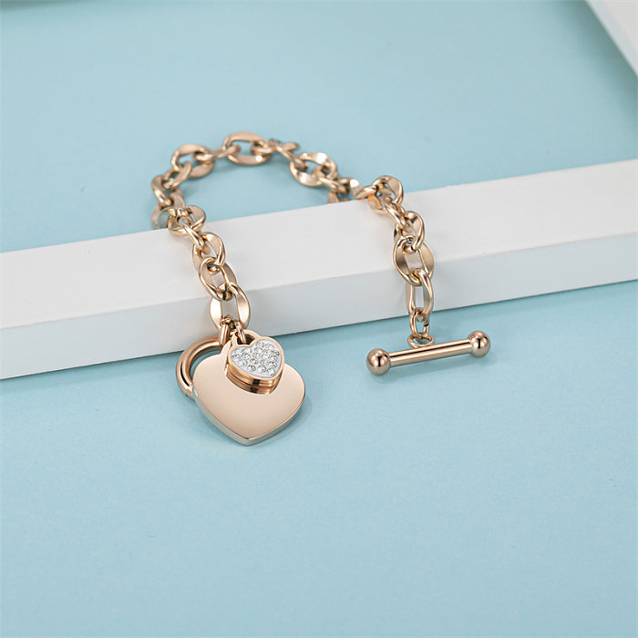 Casual Simple Style Heart Shape Stainless Steel Titanium Steel Polishing Plating Inlay Diamond Rose Gold Plated Gold Plated Bracelets