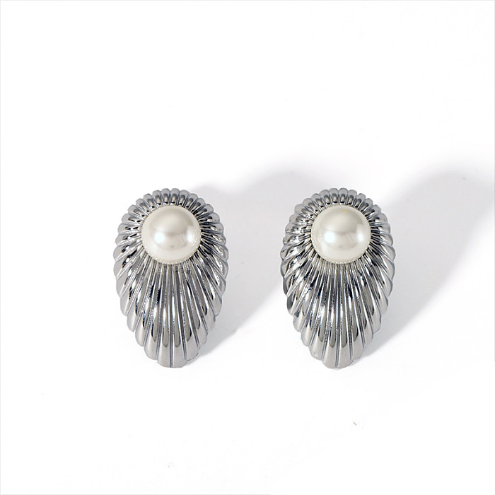 1 paire de clous d'oreilles élégants de Style nordique français, incrustation géométrique en acier inoxydable, perle d'eau douce plaquée or 18 carats