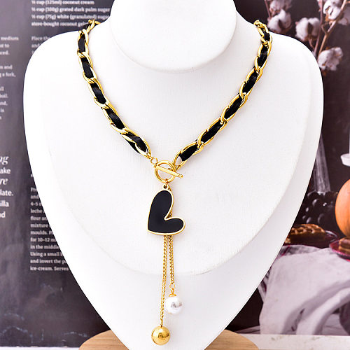 Mode Vierblättriges Kleeblatt Herzform Edelstahl Inlay Künstliche Perlen Anhänger Halskette 1 Stück