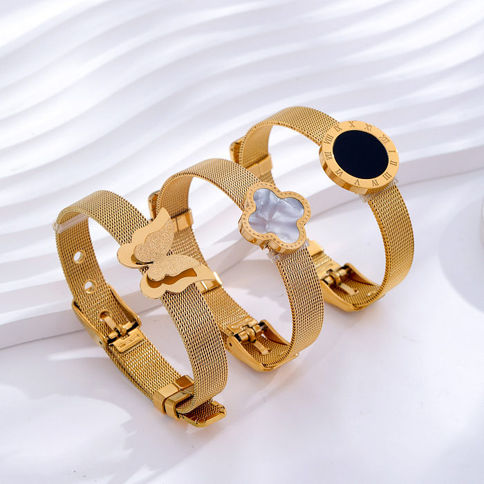 Simple Style Classic Style Four Leaf Clover Number Butterfly Titanium Steel Plating Inlay Shell 24K Gold Plated Bangle