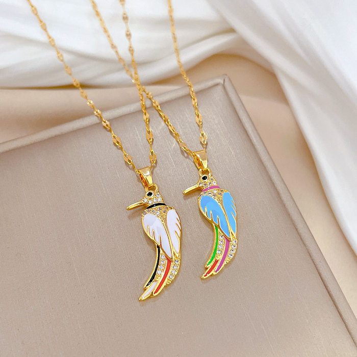 Casual Woodpecker Stainless Steel Copper Enamel Plating Inlay Zircon Pendant Necklace