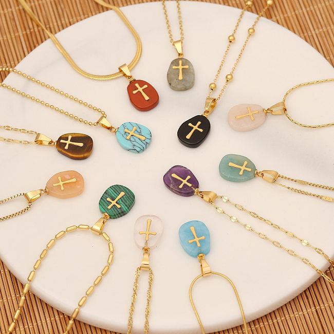 1 Piece Retro Cross Stainless Steel  Natural Stone Turquoise Pendant Necklace