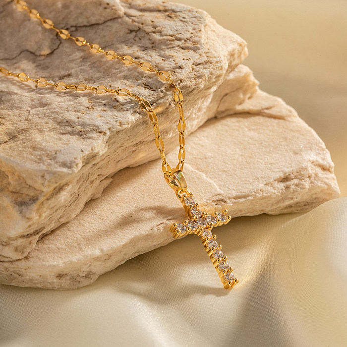 1 Stück Halskette mit Kreuz-Anhänger im INS-Stil, Edelstahl-Beschichtung, Inlay, Zirkon