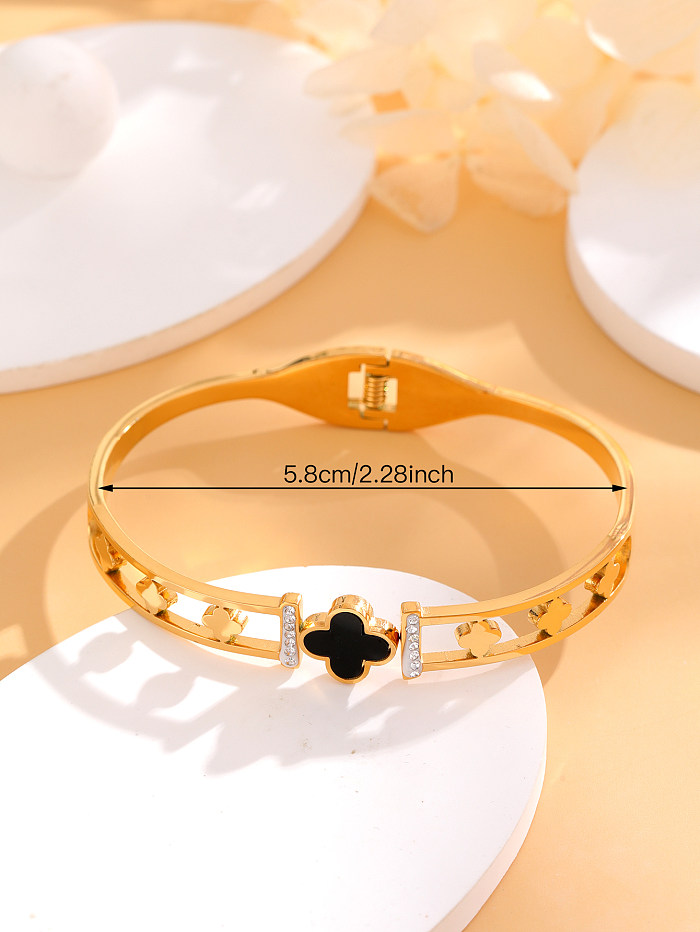 Casual Simple Style Four Leaf Clover Titanium Steel Plating Inlay Rhinestones 18K Gold Plated Bangle