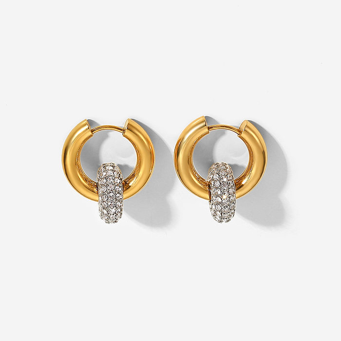 Boucles d'oreilles circulaires en acier inoxydable galvanisé, décor de Zircon