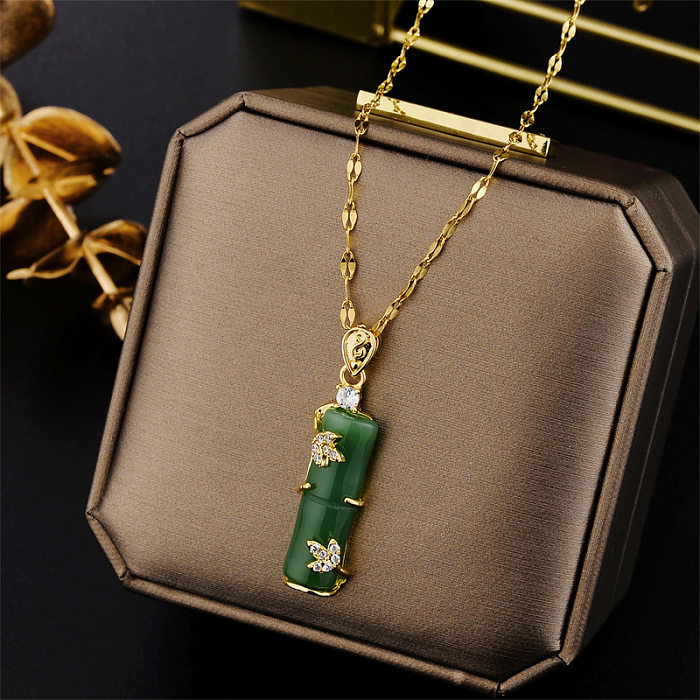 Chinoiserie Bamboo Stainless Steel Plating Inlay Artificial Gemstones Pendant Necklace