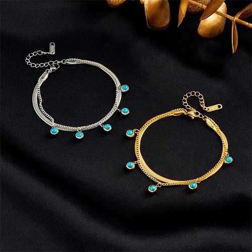Simple Style Round Titanium Steel Plating Inlay Turquoise 18K Gold Plated Bracelets