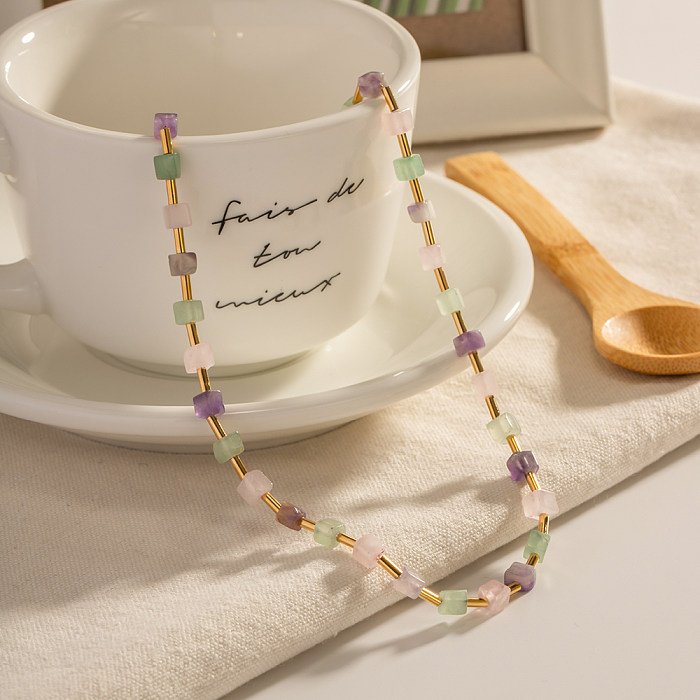 1 Stück quadratische Halskette aus Edelstahl mit Natursteinperlen im INS-Stil