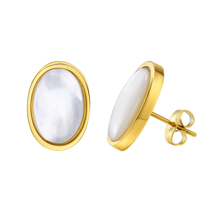 1 Pair Retro Oval Plating Inlay Stainless Steel Natural Stone Shell Ear Studs