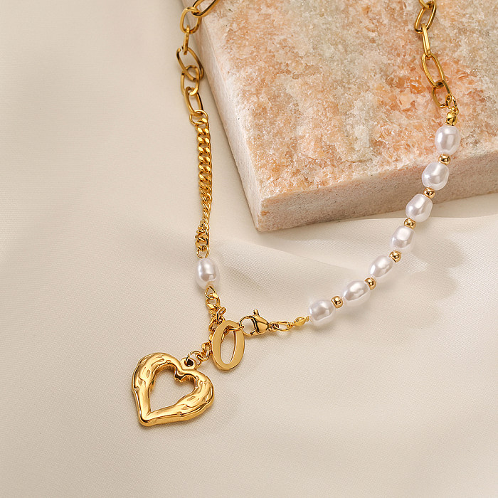 Simple Style Commute Heart Shape Stainless Steel Inlay Shell 18K Gold Plated Pendant Necklace
