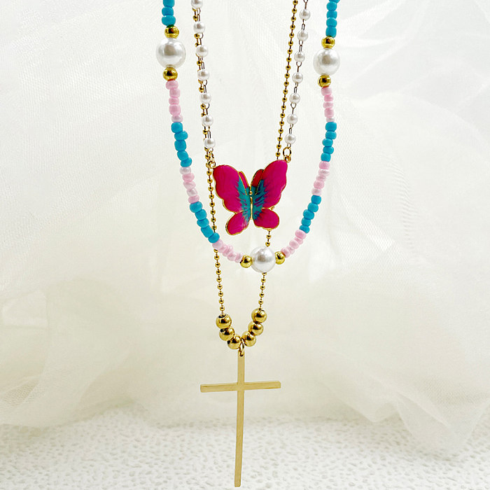 Elegant Vintage Style Artistic Cross Butterfly Stainless Steel  Beaded Enamel Plating Gold Plated Three Layer Necklace