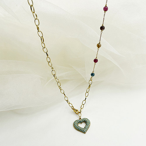 Romantische, süße, schlichte Herzform, Edelstahl, Patchwork-Emaille-Beschichtung, vergoldete Anhänger-Halskette
