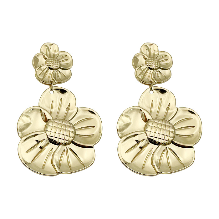 1 Pair Retro Flower Polishing Plating Stainless Steel  Gold Plated Drop Earrings
