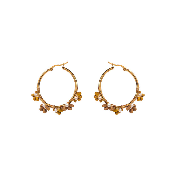 1 paire de boucles d'oreilles élégantes avec incrustation de cercles en acier inoxydable, perles plaquées or