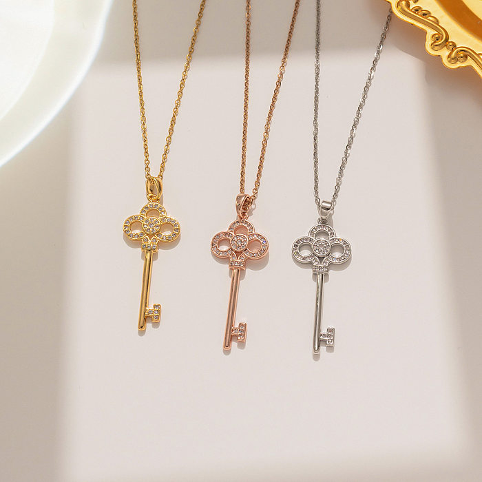 Wholesale 1 Piece Basic Key Stainless Steel 18K Gold Plated Zircon Pendant Necklace