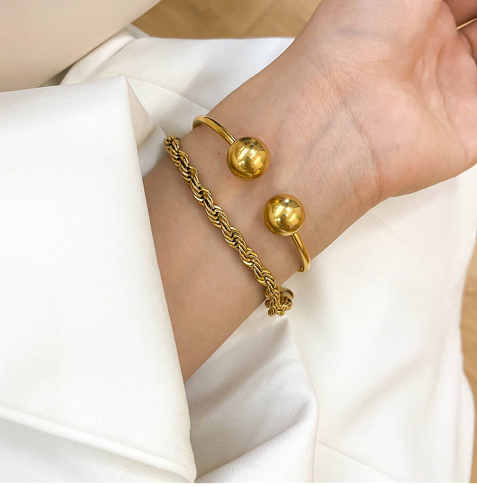 Z18 French Style Elegant Retro Solid Weight Metal Beads Simple Opening Bracelet Titanium Steel 18K Gold Plating