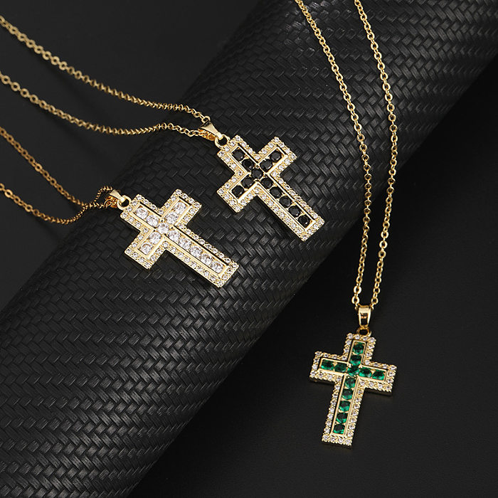 Hip-Hop-Kreuz-Anhänger-Halskette mit Edelstahl-Inlay und Zirkon-18-Karat-Vergoldung