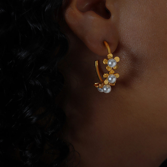 1 Pair Simple Style Flower Inlay Stainless Steel Pearl Earrings