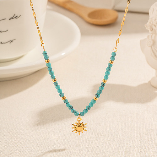 Collier avec pendentif plaqué or 18 carats, Style Simple, soleil, acier inoxydable, Turquoise, placage de perles