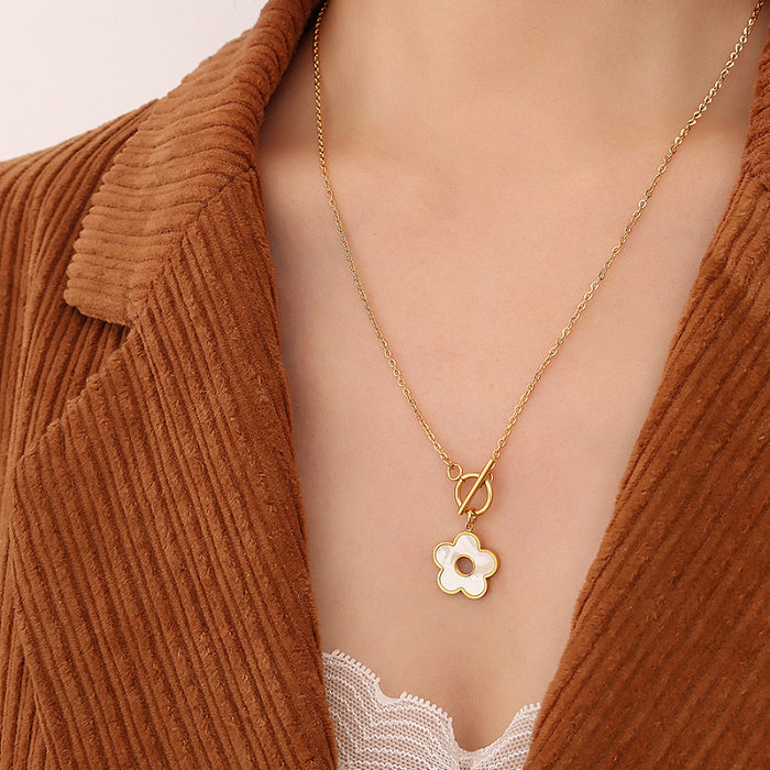 French OT White Sea Shell Flower Buckle Stainless Steel Plated 18K Real Gold Necklace Female