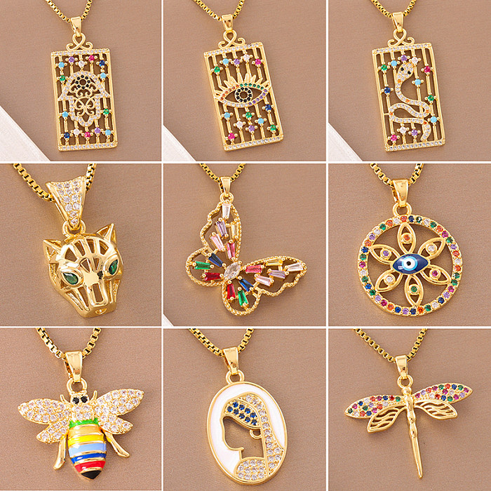 Retro Lady Roman Style Snake Bee Butterfly Stainless Steel  Stainless Steel Enamel Plating Inlay Zircon 18K Gold Plated Pendant Necklace