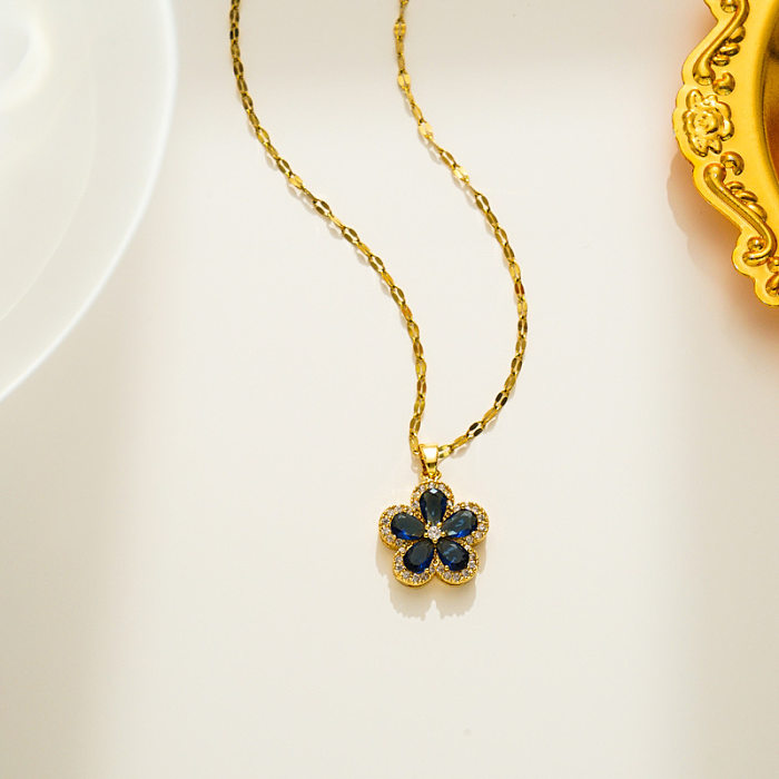 IG Style Lady Flower Stainless Steel Inlay Zircon Pendant Necklace