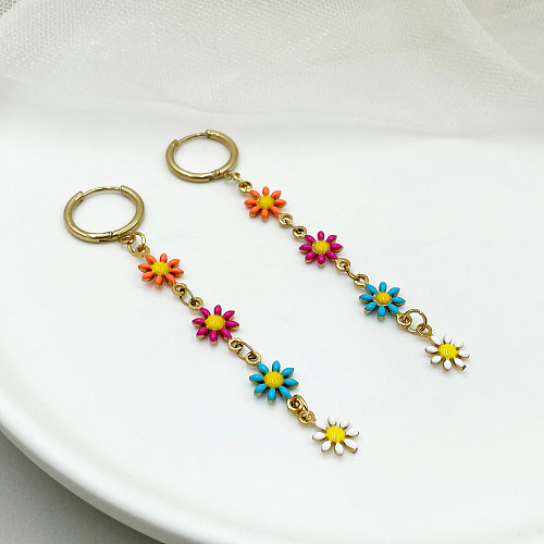 1 Pair Cute Sweet Flower Stainless Steel  Polishing Enamel Plating Gold Plated Drop Earrings