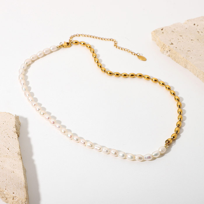 Europeu e americano semi-água doce pérola semi-18k banhado a ouro bola de contas simples joias de aço inoxidável colar curto joias da moda