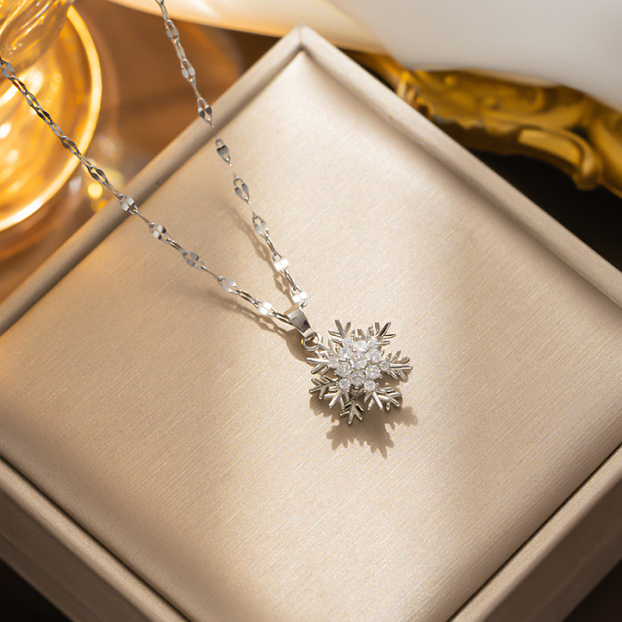 Simple Style Snowflake Stainless Steel  Stainless Steel Plating Inlay Zircon 18K Gold Plated Pendant Necklace