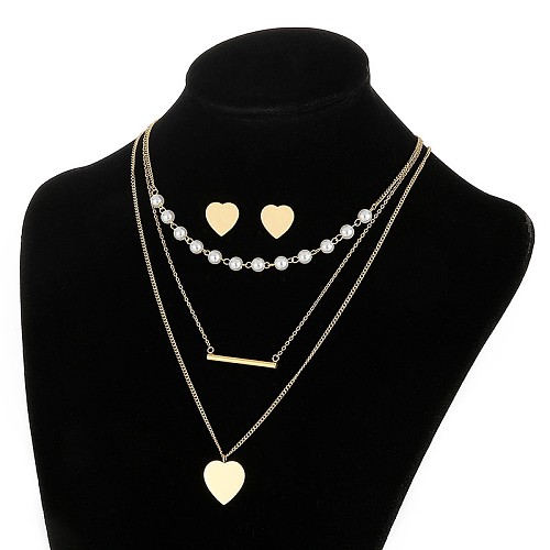 Nova moda multicamadas de titânio coração brincos colar conjunto joias por atacado