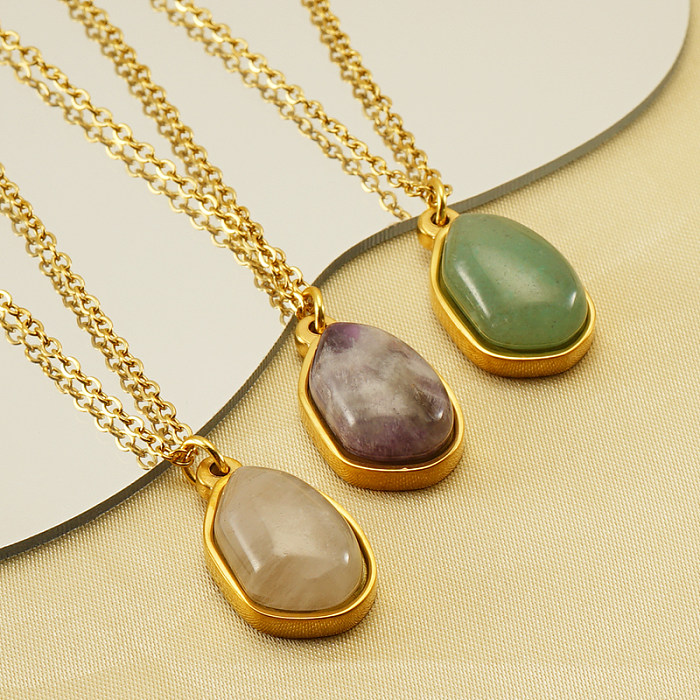 Elegant Oval Stainless Steel  Plating Inlay Natural Stone 18K Gold Plated Pendant Necklace